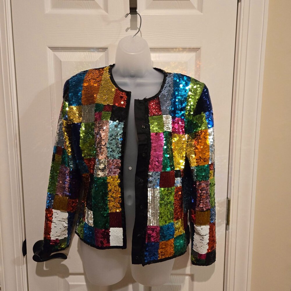 Vintage Adrienne Vittadini Rainbow Sequin Glitter Patchwork Jacket Small - Picture 4 of 15